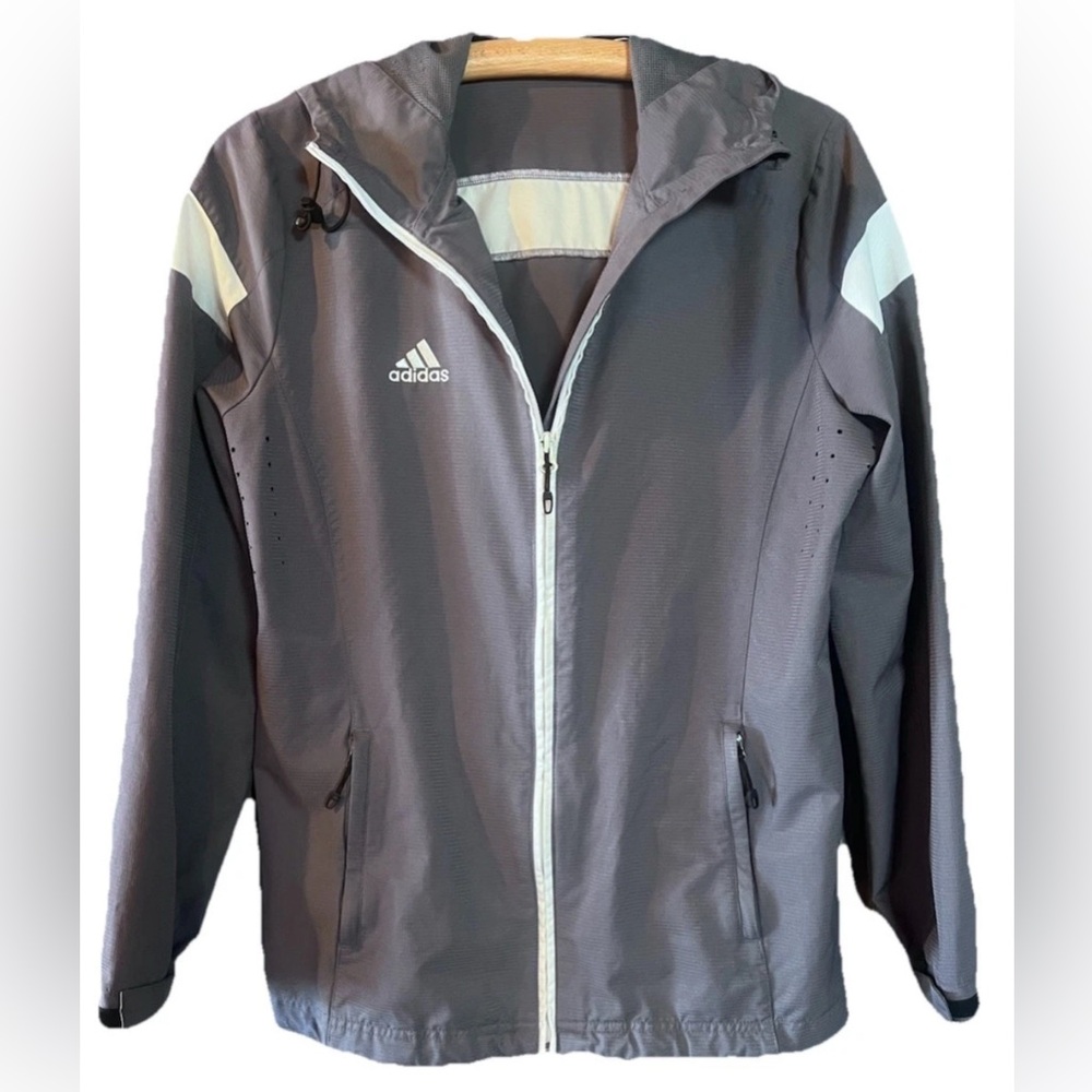 Adidas Womens Hooded Windbreaker Track Jacket Size Medium Grey Outdoors Hiking